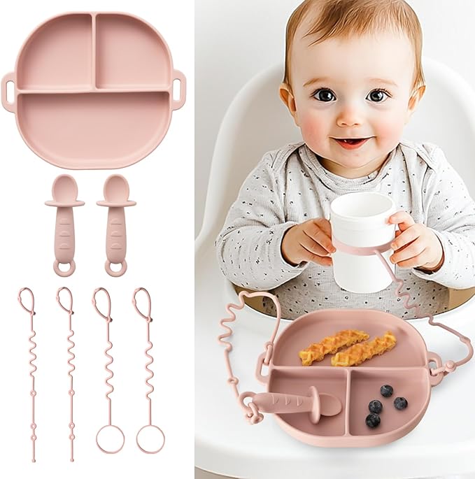 Baby Plates with Suction Silicone Baby Spoons Divided Baby Plates Silicone Baby Safety Toy Straps Baby Bottle Bungees Baby Feeding Set All-in-one-Blush