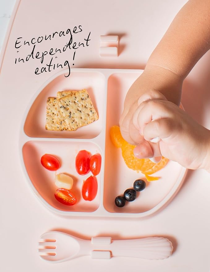 Modern Mini - Silicone Suction Plate for Baby and Toddler, Divided Plate with Fork & Spoon - Unbreakable, Non-Toxic, Food Grade Silicone, Strong Suction Grip, Spill Proof & Foldable for Travel!