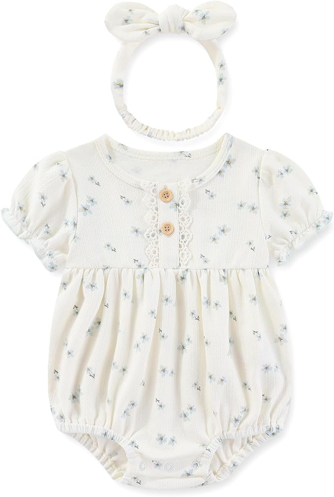 Newborn Baby Girl Clothes Cotton Bubble Romper Floral Short Sleeve Bodysuit 3 Pack
