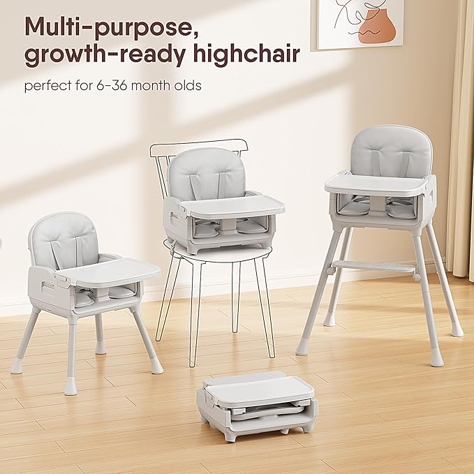 3-in-1 Portable Baby High Chair for Babies and Toddlers, Convertible Easy Clean Infant Foldable Highchair with Adjustable Legs & Dishwasher Safe Tray, Grey