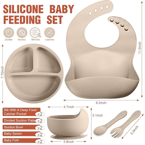 10 Pack Silicone Baby Feeding Set, Toddlers Led Weaning Feeding Supplies with Suction Baby Bowl Divided Plate Adjustable Bib Soft Silicone Spoon Fork, Infant Self Eating Utensil Set (Beige, Orange)