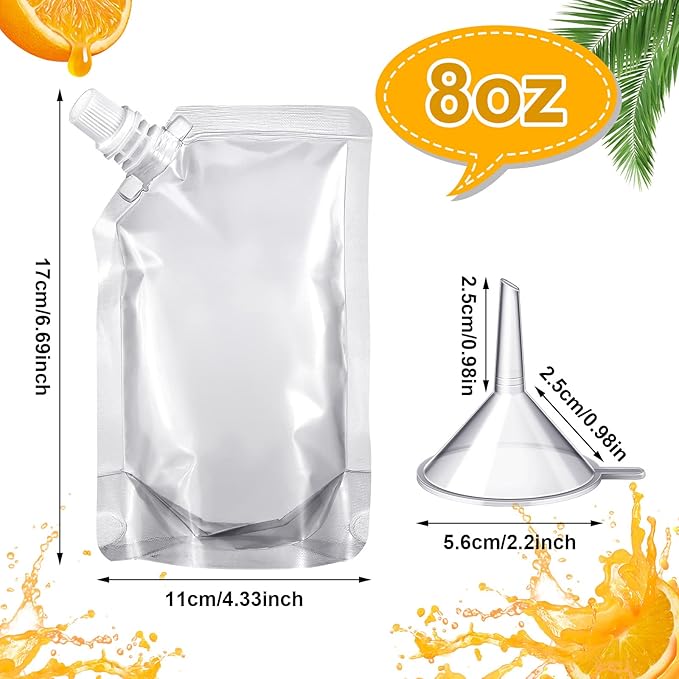 Meanplan 100 Pcs Plastic Pouches Bulk Reusable Squeeze Pouches Clear Plastic Juice Leak Proof Bags with Funnel for Party Favors Supplies(8 oz,Inclined Mouth)
