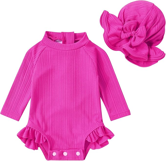YOUNGER TREE Infant Baby Girls Swimsuit Long Sleeve Swimsuits One Piece Swimsuit Solid Color Bathing Suit with Hat, UPF 50+