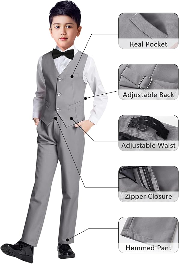 YuanLu Boys Suit for Kids Tuxedo Wedding Ring Bearer Outfit, 5 Piece Boy Slim Fit Formal Suits with Adjustable Waist