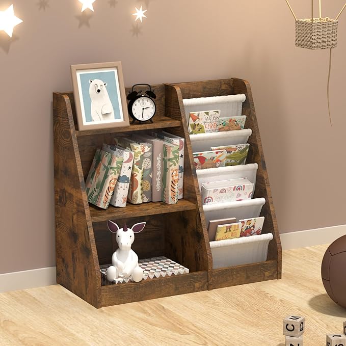 Kids Bookshelf for Bedroom Toddler Children Baby Bookcase 3-Tier for Nursery Book Toy Storage Organizer 4 Sling Adjustable Display Shelf Book Rack Wood Classroom Playroom Rustic Brown