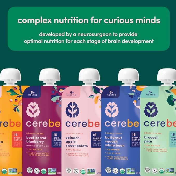 Cerebelly Organic Baby Food Pouches, Kale Sweet Potato Apple Purees, 16 Nutrients, No Added Sugar, Fiber & Non-GMO, 4oz, 12 Pack