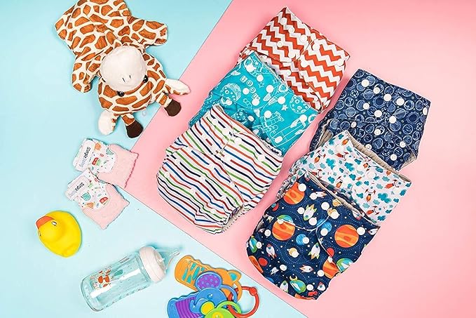 Simple Being Reusable Cloth Diapers, Double Gusset, One Size Adjustable, Washable Soft Absorbent, Waterproof Cover, Eco-Friendly Unisex Baby Girl Boy, six 4-Layers Microfiber Inserts (Space)