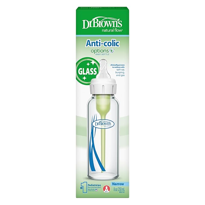 Dr. Brown's Anti-Colic Options+ Narrow Glass Baby Bottle with Level 1 Slow Flow Nipple, BPA-Free, 8 oz/250 mL, 1-Pack