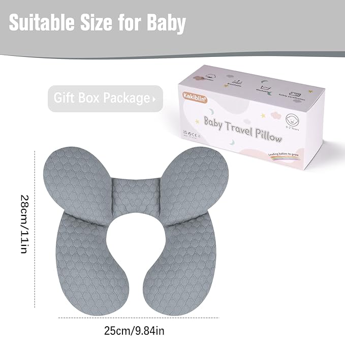 KAKIBLIN Baby Travel Pillow, Upgraded Baby Neck Pillows for Car Seat, Babies Support Pillow, Infant Neck Pillow for Head and Neck, Newborn Head Support for Car Seat,Pushchair (Light Grey)