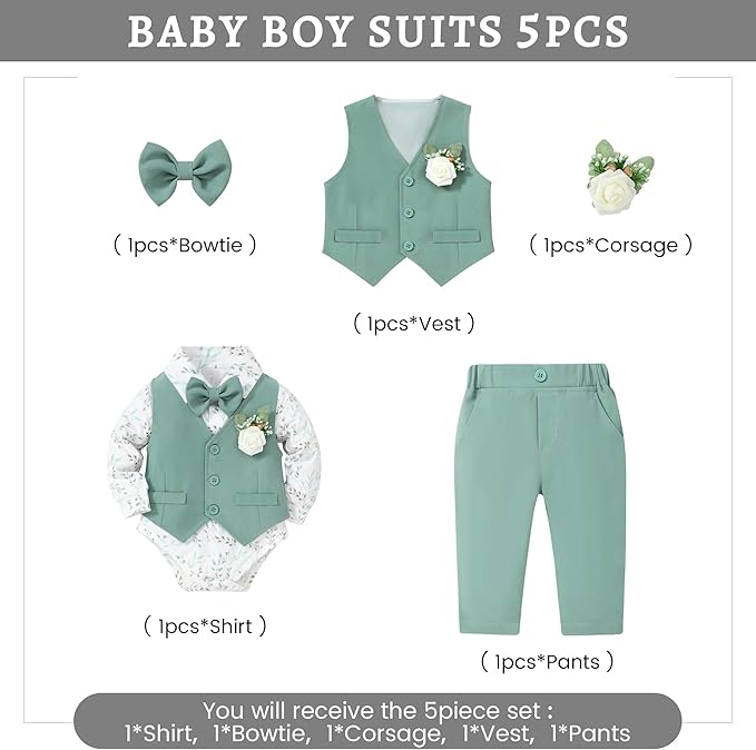 SANMIO Baby Boy Clothes Suits Infant Gentleman Outfit Collared Dress Shirt+Vest+Tie+Corsage+Pants 5Pcs Baby Suit Sets