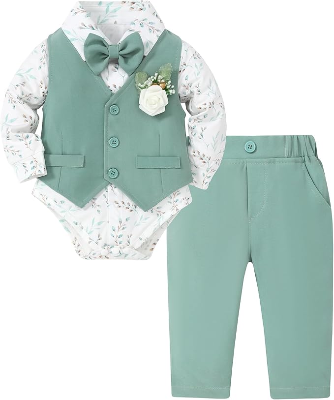 SANMIO Baby Boy Clothes Suits Infant Gentleman Outfit Collared Dress Shirt+Vest+Tie+Corsage+Pants 5Pcs Baby Suit Sets
