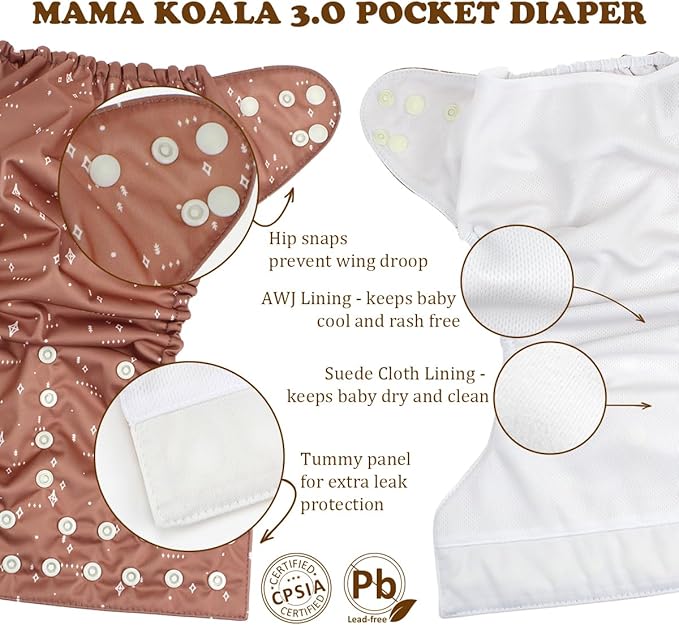 Mama Koala 3.0 Cloth Diapers for Babies with AWJ Lining, 6 Pack with 12 5-Layer Bboo(No Microfiber) Cloth Diaper Inserts - Reusable and Washable Pocket Diapers(12-My Warm Heart)
