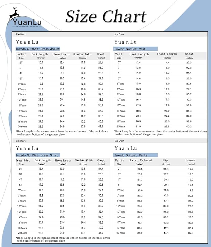 YuanLu Boys Suit for Kids Tuxedo Wedding Ring Bearer Outfit, 5 Piece Boy Slim Fit Formal Suits with Adjustable Waist