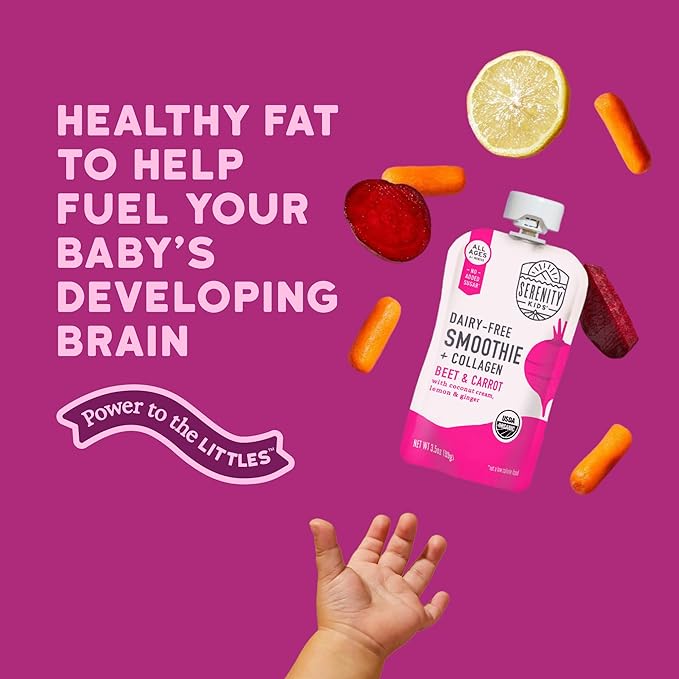 Serenity Kids 6+ Months Dairy-Free Baby Protein Smoothie Pouch - BPA-Free & USDA Organic Beet & Carrot - Grass Fed Collagen Protein & Organic Collagen - 3.5 Oz, 6 Pack
