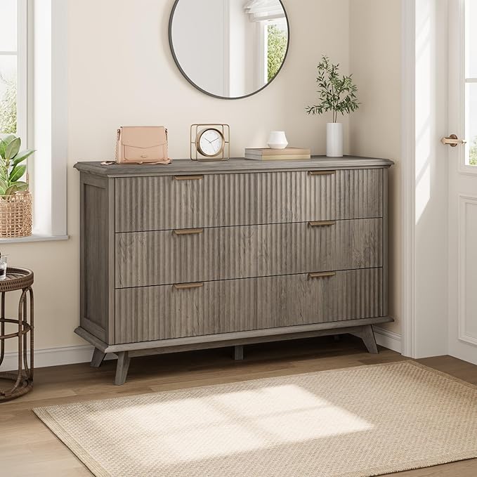 QUW Fluted Dresser for Bedroom with 6 Drawers, 47.2" Wide Modern Chest of Drawers with Metal Handle, Wooden Dresser TV Stand and Closet Clothes Storage Organizer for Living Room, Hallway, Grey
