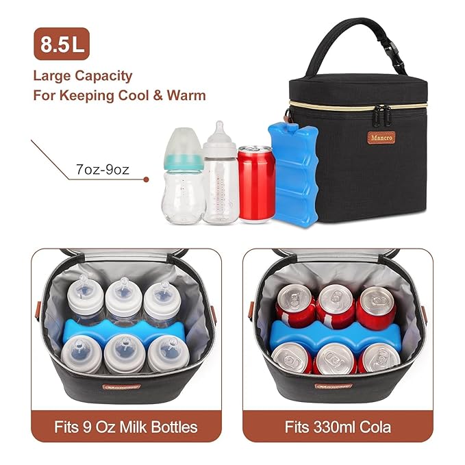 Mancro Insulated Baby Bottle Cooler Bag with Ice Pack, Breastmilk Storage Tote Fits 6 x 9oz Bottles, Waterproof Bottle Bag Companion for Breastfeeding Moms，Cream & Light Brown