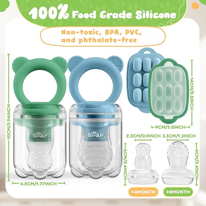 Bear Baby Fruit Food Feeder & Mini Freezer Nibble Tray Combo, 2 Pack Breastmilk Popsicle Molds for Baby Teething Relief, BPA Free Silicone Feeder for Safe Infant Self Feeding, Dishwasher Safe, Green