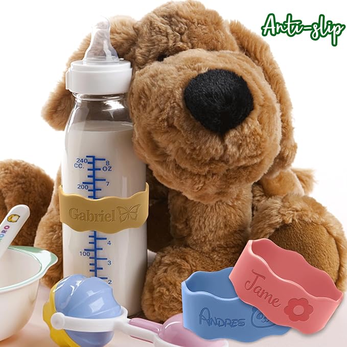 Personalized Baby Bottle Labels for Daycare Custom Water Bottle Name Bands Customized Engraved Silicone Baby Reusable Bottle Straps Labels for Cups School-Coral Red