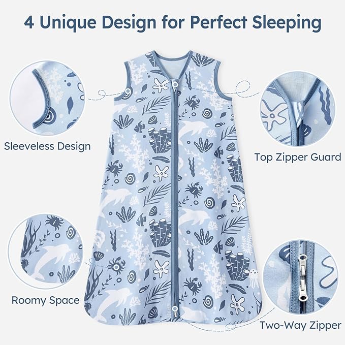 Baby Sleep Sack 18-24 Months 100% Cotton Lightweight 0.5 TOG Wearable Blanket Baby Sleep Bag with 2-Way Zipper for Infant Toddler Blue Dolphin