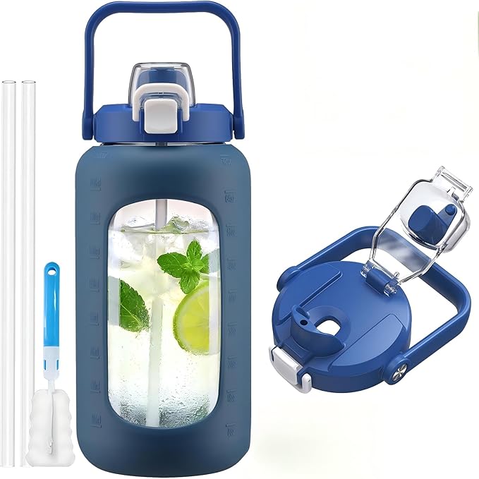 72oz Glass Water Bottle with 2-IN-1 Straw &Chug Lid, Large Motivational Glass Bottle with Capacity Marker and Silicone Sleeve, 2.1Liter Gallon Water Jug for Home, Sports, Gym, BPA Free-Blue