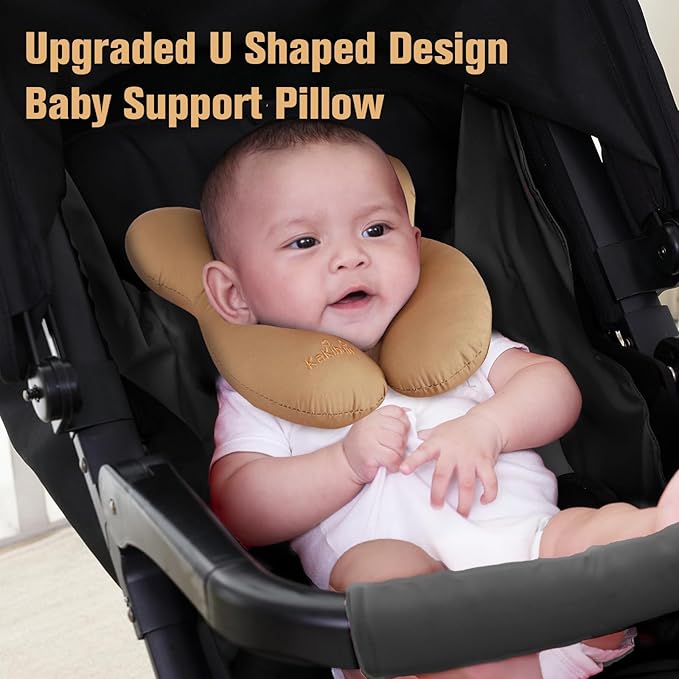KAKIBLIN Baby Travel Pillow, Infant Head and Neck Support Pillow for Car Seat, Pushchair, for 0-1 Years Old Baby (Brown)