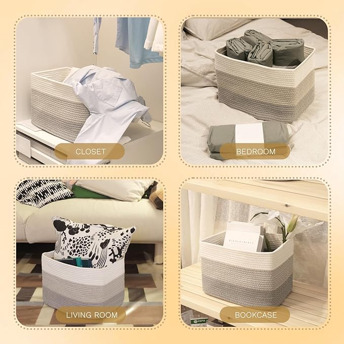 Hopegiver Storage Baskets for Organizing with Handle, Woven Baskets for Shelves - Durable Gift Basket for Cloth Toys Books Baby, Cotton Rope Basket for Dog Cat, 15x11x10 Inch(White&Light-Gray&Gray)