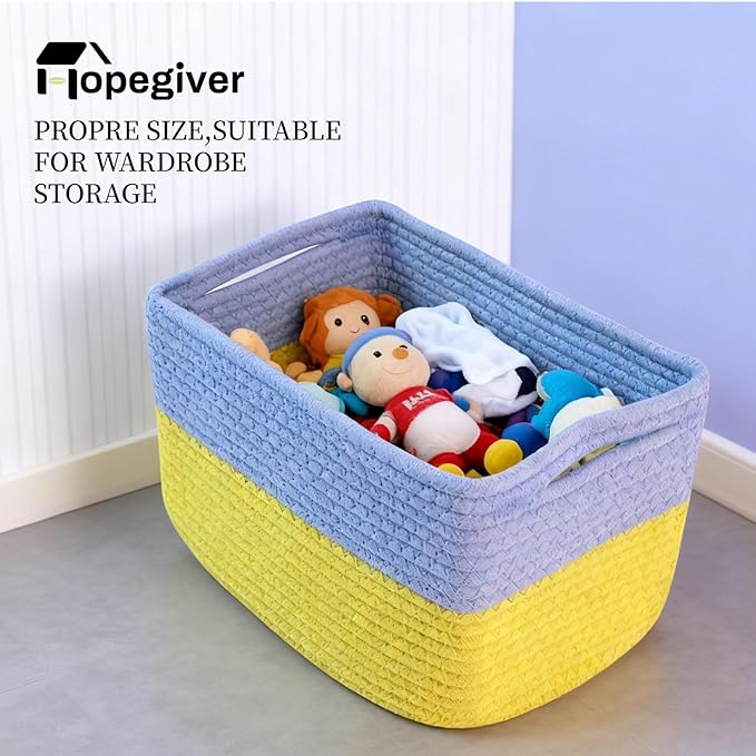 Hopegiver 3 Pack Storage Baskets for Organizing with Handle, Woven Baskets for Shelves - Durable Gift Basket for Cloth Toys Books Baby, Cotton Rope Basket for Dog Cat, 11x8x7 Inch(Blue&Yellow)