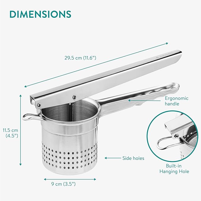 Navaris Stainless Steel Potato Ricer - Ergonomic Handle for Easy Mashed Potatoes - Dishwasher-Ready Potato Mashers - Mechanical Masher Tool Ideal for Potatoes, Baby Food & Avocado