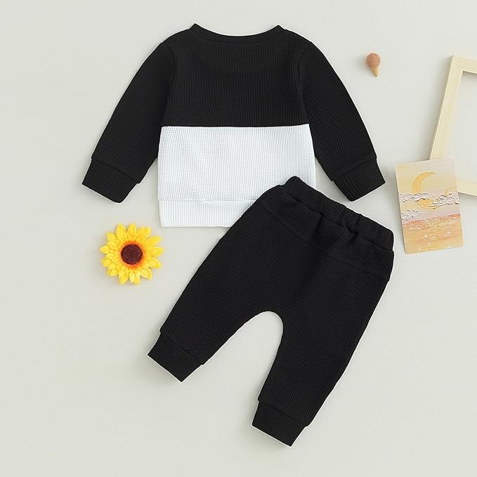 Toddler Baby Boy Fall Clothes Waffle Outfit Long Sleeve Color Blocking Sweatshirt Pullover Jogger Pant Set