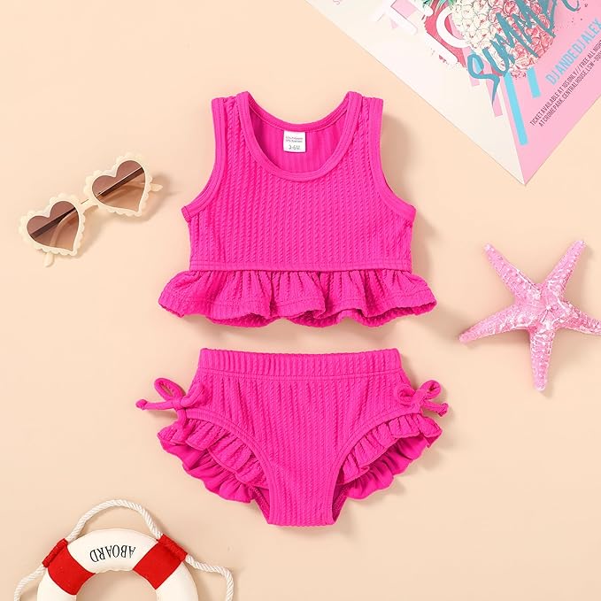 HAPPYMA Baby Swimsuit Toddler Girl Bathing Suit Summer Solid Color Bikini Set Beach Two Piece Swim Wear