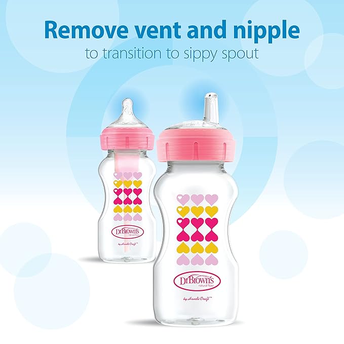 Dr. Brown's Anti-Colic Options+ Wide-Neck Sippy Bottle Starter Kit, 9oz/270mL, with Level 3 Medium-Fast Flow Nipple and Soft 100% Silicone Sippy Spout, Pink, BPA Free, 6m+