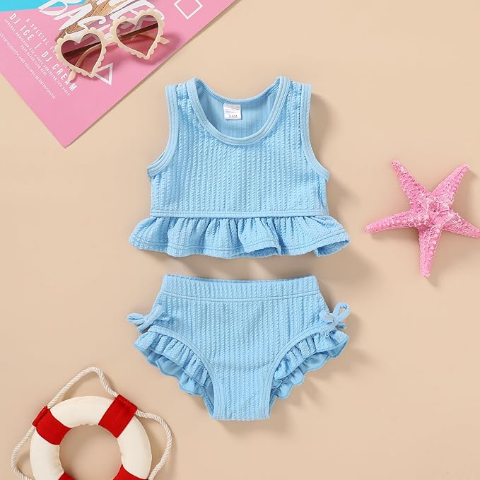 HAPPYMA Baby Swimsuit Toddler Girl Bathing Suit Summer Solid Color Bikini Set Beach Two Piece Swim Wear
