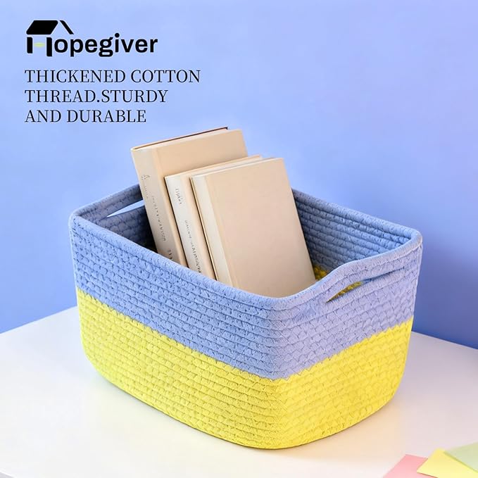 Hopegiver 3 Pack Storage Baskets for Organizing with Handle, Woven Baskets for Shelves - Durable Gift Basket for Cloth Toys Books Baby, Cotton Rope Basket for Dog Cat, 11x8x7 Inch(Blue&Yellow)