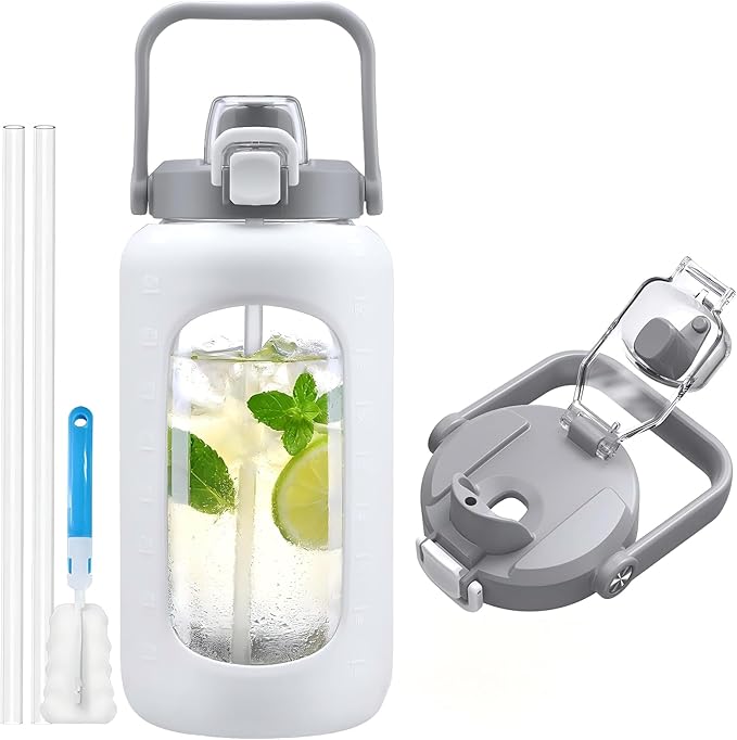 72oz Glass Water Bottle with 2-IN-1 Straw &Chug Lid, Large Motivational Glass Bottle with Capacity Marker and Silicone Sleeve, 2.1Liter Gallon Water Jug for Home, Sports, Gym, BPA Free-White
