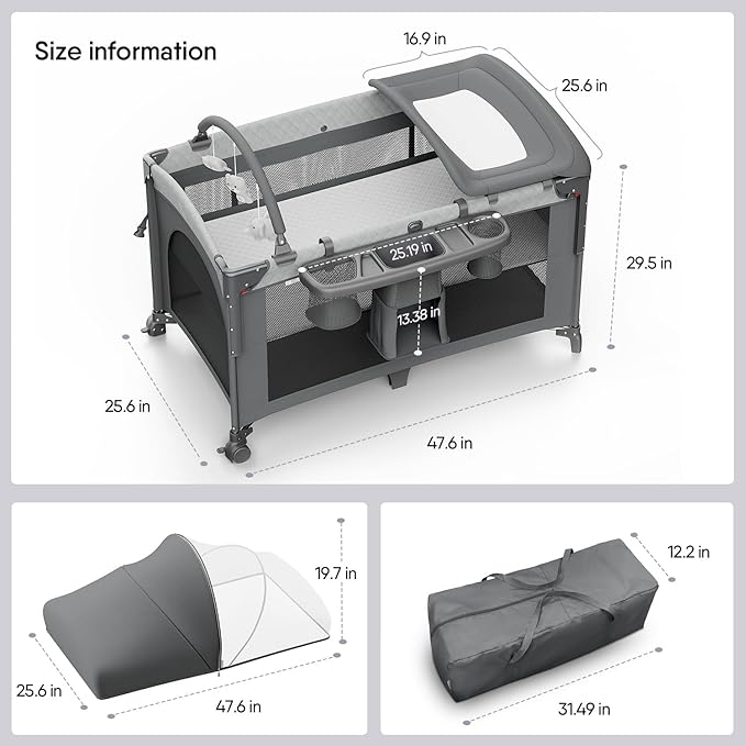 4 in 1 Baby Bassinet, Pack and Play, Bedside Crib Sleeper, Diaper Changer - Comes with Mattress, Mosquito Net, Bottom Storage and Toy Bar for Newborn to Toddles