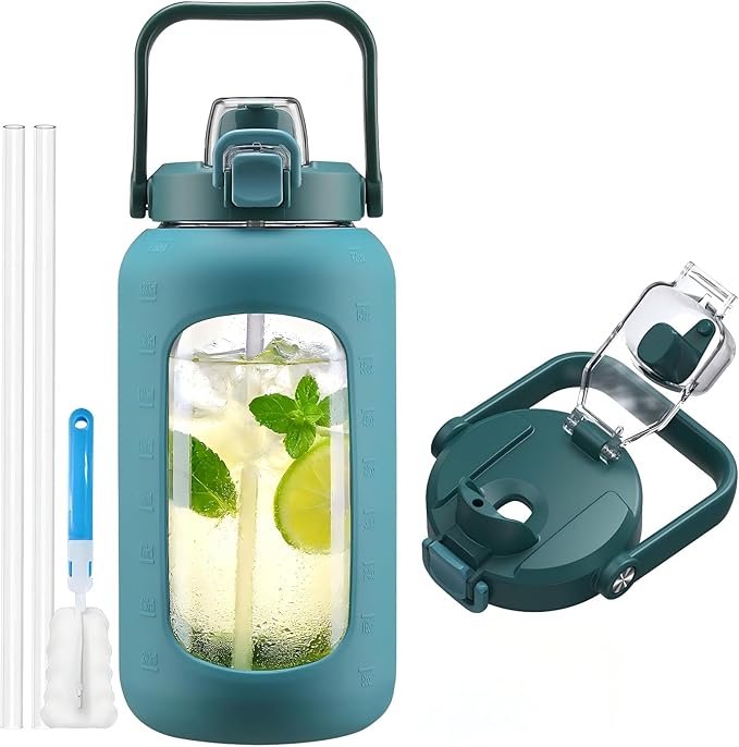 72oz Glass Water Bottle with 2-IN-1 Straw &Chug Lid, Large Motivational Glass Bottle with Capacity Marker and Silicone Sleeve, 2.1Liter Gallon Water Jug for Home, Sports, Gym, BPA Free-Green