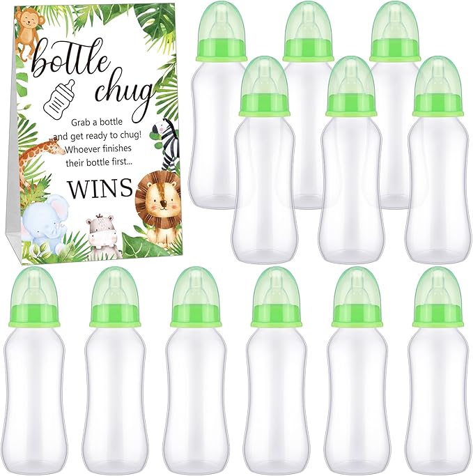 TrelaCo Cool Baby Shower Games Sets 12 Pcs Feeding Bottles with 1 Bottle Chug Sign for Gender Reveal Baby Shower Party Favors Decoration Games(Forest,Light Green)