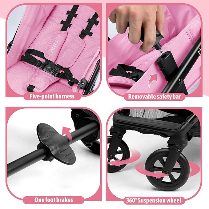 Lightweight Stroller, One-Hand Fold Compact Travel Stroller from Birth to 55 lbs, UPF 50+ Large Canopy & 5-Point Harness, Adjustable Reclining Seat- Pink