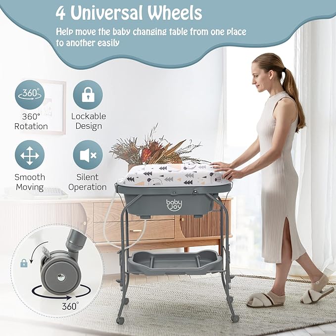 BABY JOY Baby Bathtub with Changing Table, Foldable Infant Diaper Changing Station with Storage Tray, Waterproof Pad, Portable Newborn Nursery Organizer Bath Stand with 4 Universal Wheels (Gray)