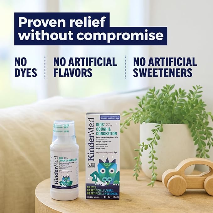 KinderMed Kids' Daytime Cough & Congestion Medicine, for Ages 4-11 Years, No Dyes, No Artificial Flavors, No Artificial Sweeteners, Vegan, Non-GMO, Gluten Free, Organic Berry Flavor (4 Fl Oz)
