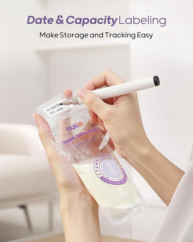 Nuliie 60pcs Temp-Sensing Breastmilk Storage Bag, Huge Temp-Sensing Icon & Locking Clamp, 6oz Breast Milk Storage Bags Freezer Pour Spout, Self Standing Milk Storage Bags Breastmilk, BPA-Free No-Leak
