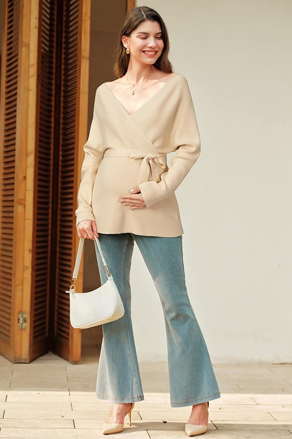 OUGES Womens Soft Cotton Blend Maternity Sweater Wrap V Neck Long Sleeve V Back Fall Shirts Pregnancy Outfits with Belt