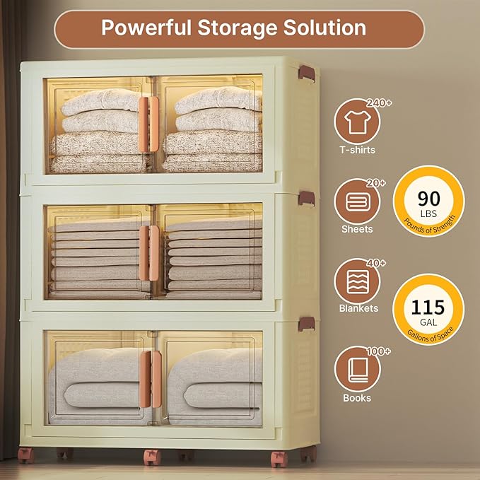 480Qt/120Gal Extra Large Stackable Storage Bins with Lids and Divider, 3Pack Collapsible Drawers with Doors, Foldable Cabinet with Wheels, Plastic Closet Organizers Containers for Home, Dorm