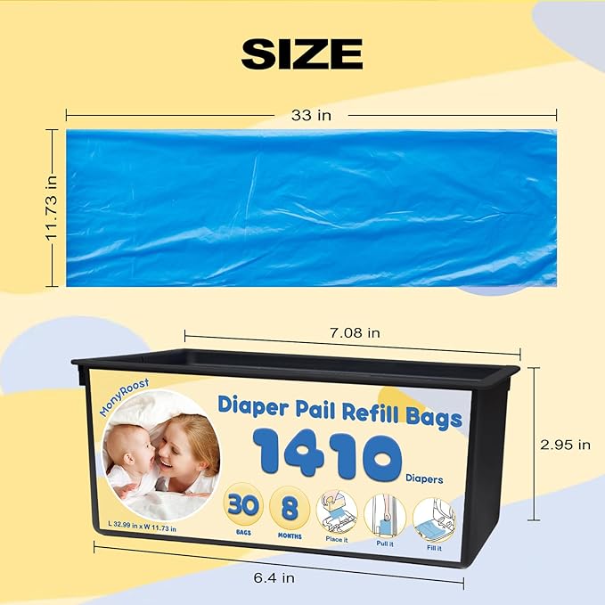 2-Pack Diaper Pail Refills Bags, Compatible with Genie Easy Roll Signature & Platinum Diaper Pails— Unscented, Strong & Leak-Resistant, Odor Locking