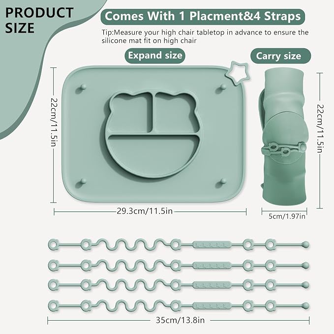 1 Pack Silicone Mat for Babies, Baby Placemat Built-in Suction Base and Equipped 4 Toy Straps & Anti-Peel Design, Activity Mat for Infants to Toddlers, Keeps Babies Essentials Off The Floor, Blue