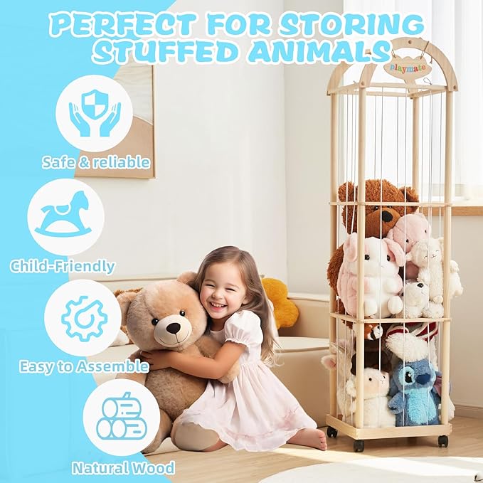 Large Stuffed Animal Storage Organizer, 61" High Premium Wooden Cute Zoo Toy Holder for Toddler Rooms, Playrooms & Bedrooms