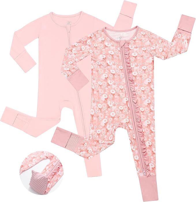 JunNeng Baby Girl Viscose from Bamboo Sleeper with Mitten Cuffs, 2 Way Zipper Romper, Sleep N' Play Pajamas 0-18 Months