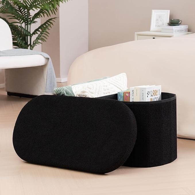 B FSOBEIIALEO Ottoman with Storage for Living Room, Sherpa Folding Storage Ottoman Foot Rest, 30 Inches Collapsible Bedroom Bench Black