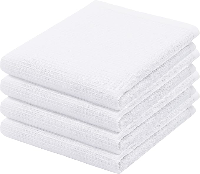 PurpleEssences Waffle Weave Kitchen Towel, 100% Cotton - 15 x 25 Inches, with Hanging Loop Ultra Soft Absorbent Quick Drying Dish Cloth, Tea and Hand Towels, 4 Pack - Fall Thanksgiving - White