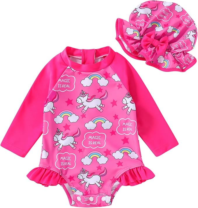 Infant Baby Girl Swimsuit One-Piece Long Sleeve Rash Guard with Hat Set Floral Zipper Bathing Suit Leopard Beach Wear